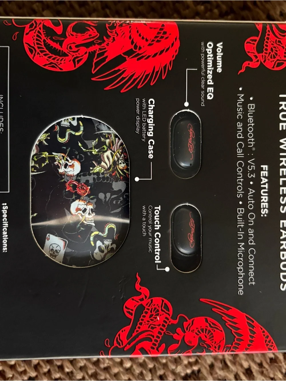 Ed Hardy Black True Wireless Earbuds with Patterned Charging Case